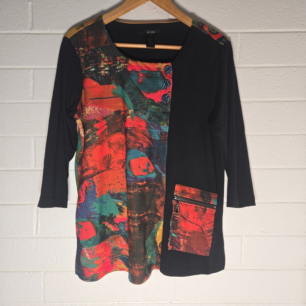 Ali Miles Top XL Black Multi Color Abstract Art To Wear Tunic Artsy Lagenlook